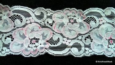 White And Pink Rose Floral Net Lace Trim Ribbon 85mm wide